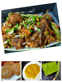 A picture of Winter special Gujarati lunch - Undhiyu, Puri, Jalebi, chutney.