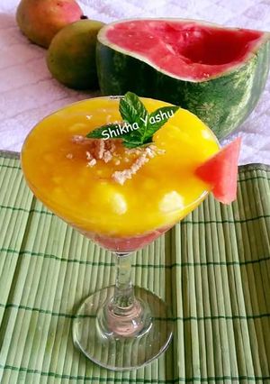 A picture of Strawberry Sorbet with Mango Parfait.