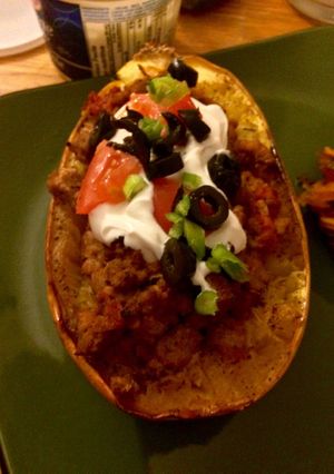 A picture of Burrito Stuffed Spaghetti Squash.