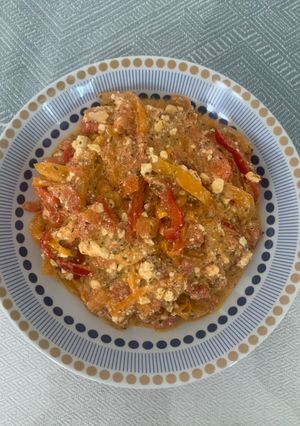 A picture of Rosted bell peppers tomatoes and cottage cheese.