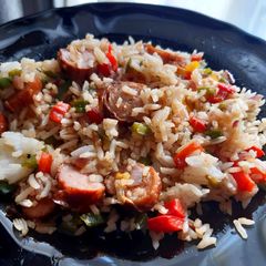 A picture of Sausage and pepper stir fried rice.