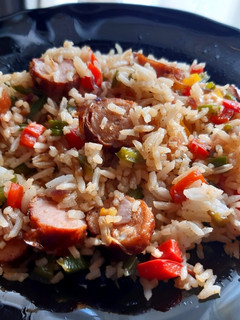 A picture of Sausage and pepper stir fried rice.