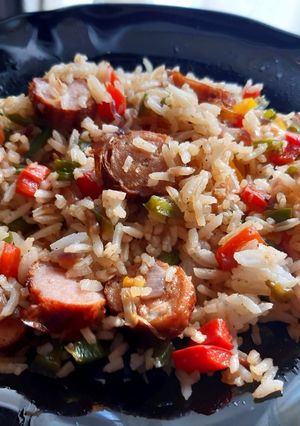 A picture of Sausage and pepper stir fried rice.