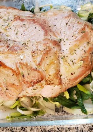 Una foto de Pulpa de cerdo al horno con puré de zapallo