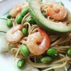 A picture of Cucumber shrimp spaghettini.