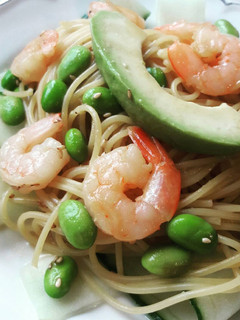A picture of Cucumber shrimp spaghettini.