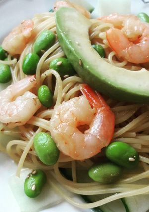 A picture of Cucumber shrimp spaghettini.