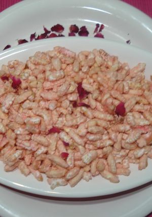 A picture of Gulabi kheel(puffed rice)-batashe(sugar drops) bhog#diwali.