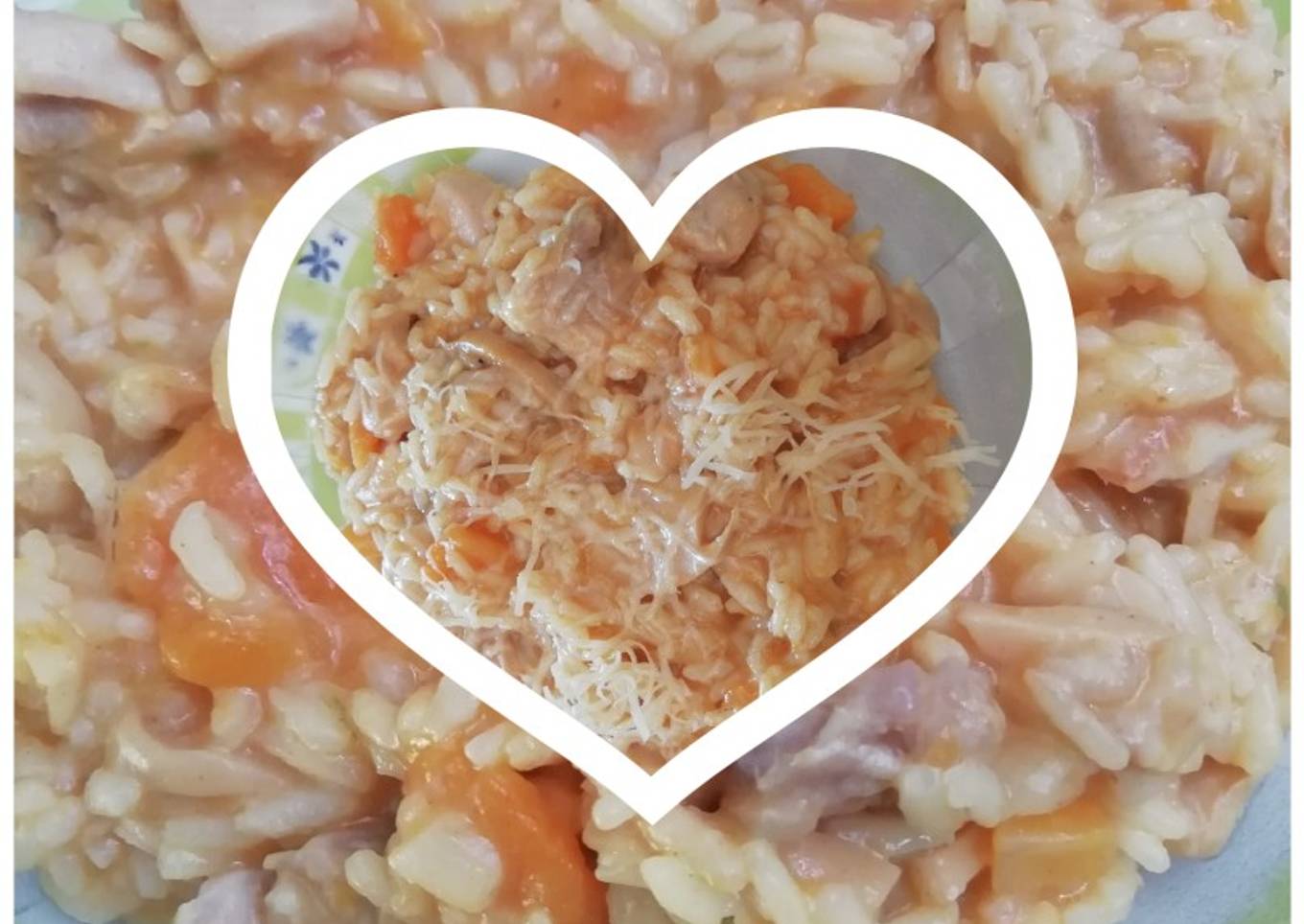 Risotto de pollo, calabaza y champiñones