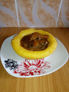 A picture of Eba and Ogbonor soup.