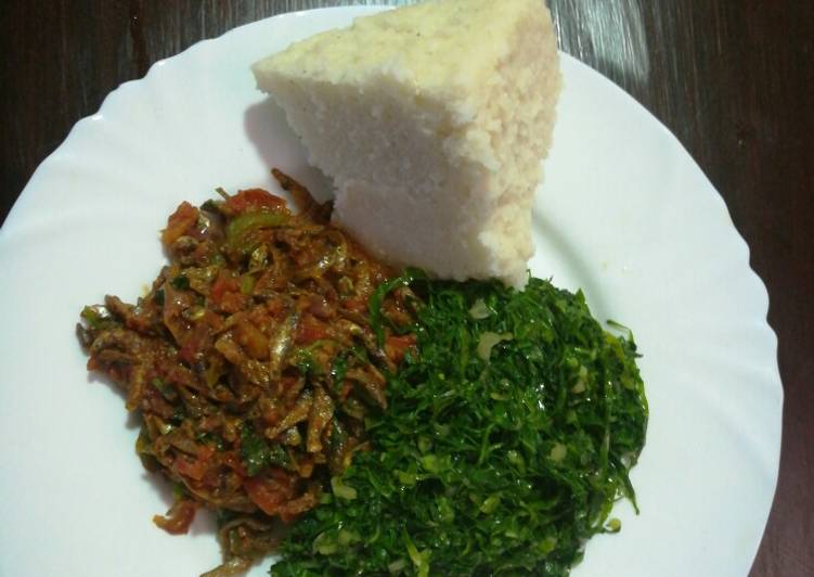 Ugali,fried dagaa and kales