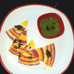 A picture of Tri colour instant Dhokla.