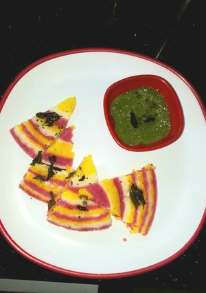 A picture of Tri colour instant Dhokla.