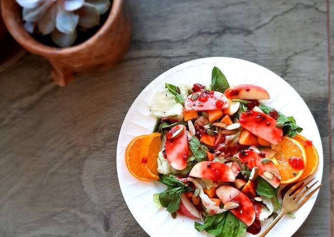 Simple Way to Prepare Speedy Mango peach salad with passion thyme vinaigrette