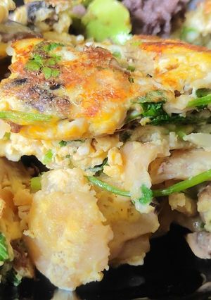 Una foto de Desayuno con Flow: Huevo Revuelto con Champiñones y Tortilla