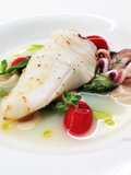 Calamari with Asparagus, Confit Grape Tomatoes, on Ginger Infusion