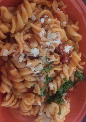 A picture of Red sauce pasta.