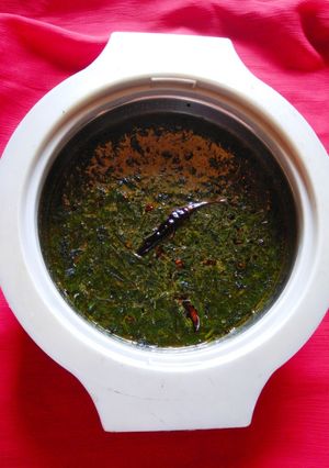 A picture of PAAT SAAG JHOL (SOUP OF JUTE LEAVES).