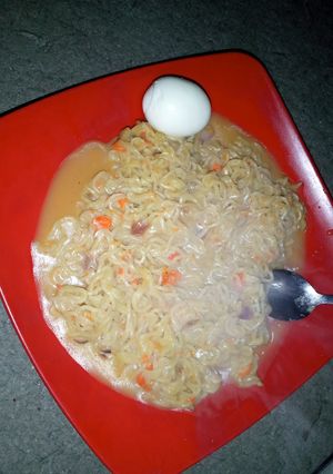 A picture of Indomie and boiled egg.