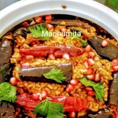 Vangi bhat (brinjal rice) A picture of Vangi bhat (brinjal rice).
