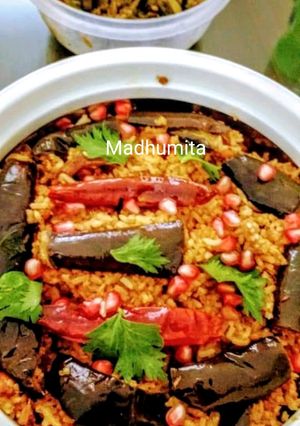 A picture of Vangi bhat (brinjal rice).