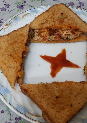 A picture of Schezwan chutney brown Bread 🍞 tomato 🍅 onion omellete.