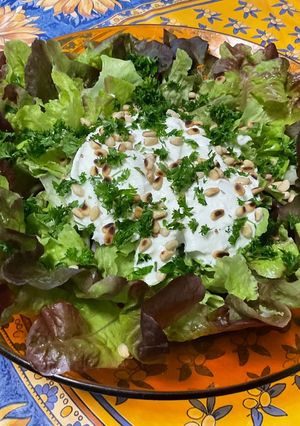 Une photo de Salade feuille de chêne aux pignons de pin, mozzarella et persil