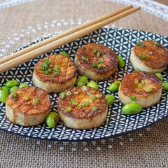 A picture of Vegan seared scallops with miso glazed 🌱.