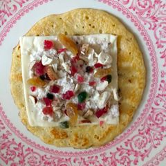 A picture of Cheesy nutty tutty fruity pancakes.