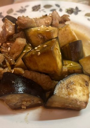 A picture of Easy Japanese style pork and aubergine stir.