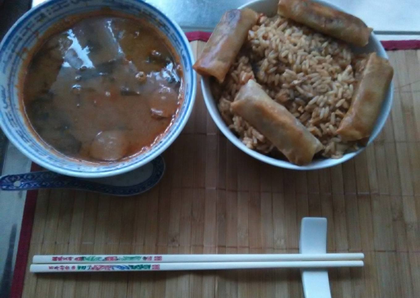 Japanese dice pork chop in gekkeikan sake rice wine. japanese sticky yakiniku sauce sezhuan spicy spring rolls egg fried rice home made
