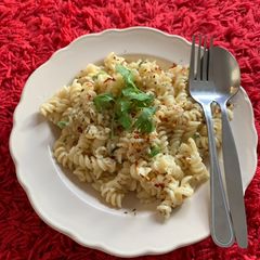 A picture of White sauce twisted Pasta.