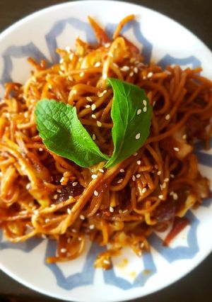 A picture of Veg hakka noodles in Mexican style.