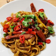 Slow cooked BBQ pork with Vietnamese wheat noodles A picture of Slow cooked BBQ pork with Vietnamese wheat noodles.