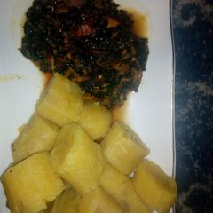 A picture of Boiled Plantain and Vegetable Sauce.