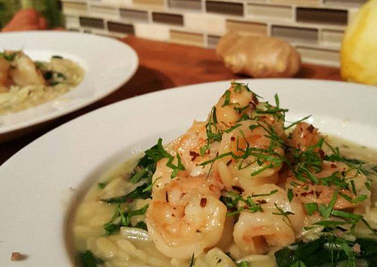 Butter poached shrimp with parmasan spinach orzo risotto