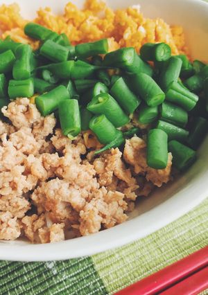 A picture of Japanese Scrambled Chicken Bowl (Tori Soboro Donburi).