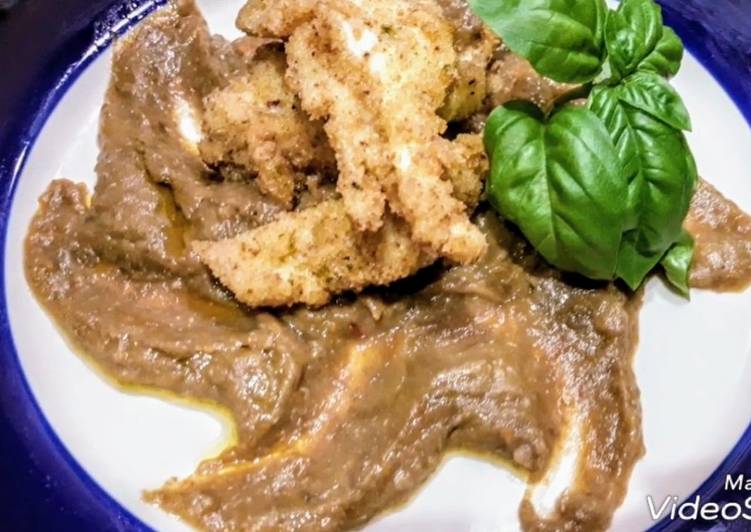 Straccetti di pesce luna o Mola con crema di lenticchie