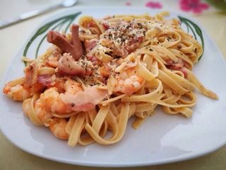 Shrimp Fettucine with bacon and sausage carbonara