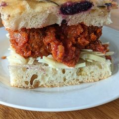 A picture of Quick and easy lunch Focaccia and "meatball marinara" sandwich.