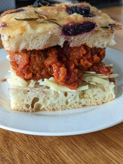 A picture of Quick and easy lunch Focaccia and "meatball marinara" sandwich.