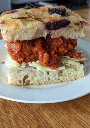 A picture of Quick and easy lunch Focaccia and "meatball marinara" sandwich.