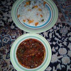 A picture of Rice nd stew with spring onions inside the stew.