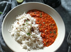 A picture of Pav Bhaji Daal and Jeera rice.