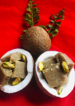 A picture of Khadim paak (fresh coconut halwa).