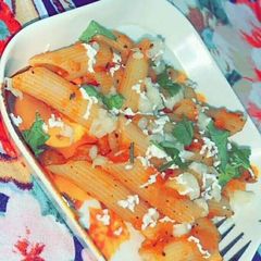 A picture of Red sauce pasta.