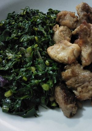 A picture of Fried beef with greens.