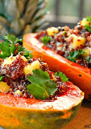 A picture of Tropical Quinoa Papaya Boats.