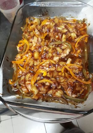 A picture of Chicken breasts in pineapple and barbecue sauce.