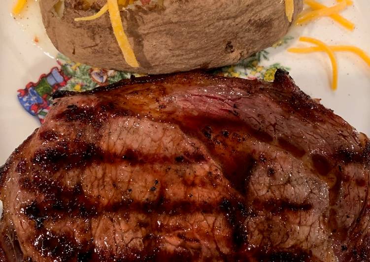 Simple Way to Make Award-winning Texas Ribeye with a Baked Potato